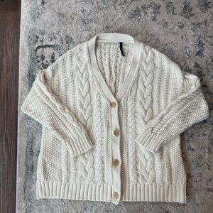 Jenni Kayne Cocoon Chunky Cable-Knit V-Neck Cardigan Sweater - Cream/Ivory